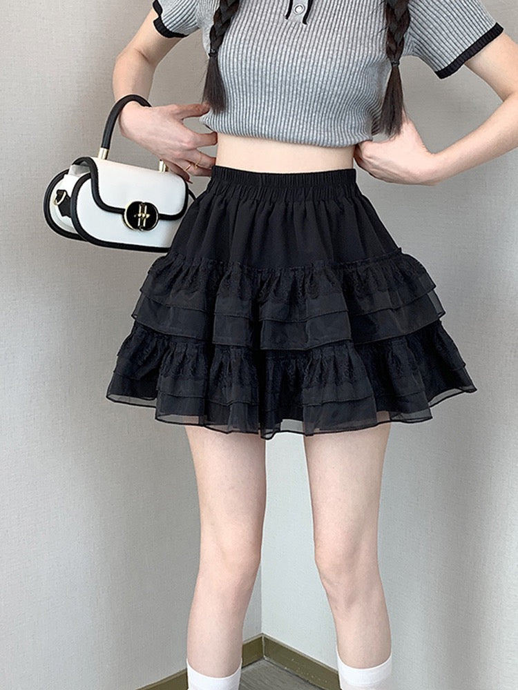 Lace cake A-line short skirt summer 2023 new ballet style high waist white mesh fluffy skirt female