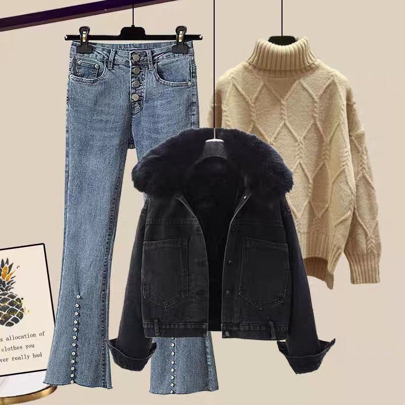 Winter three-piece women's fleece thickened denim jacket sweater pants small suit winter clothes 2022 new