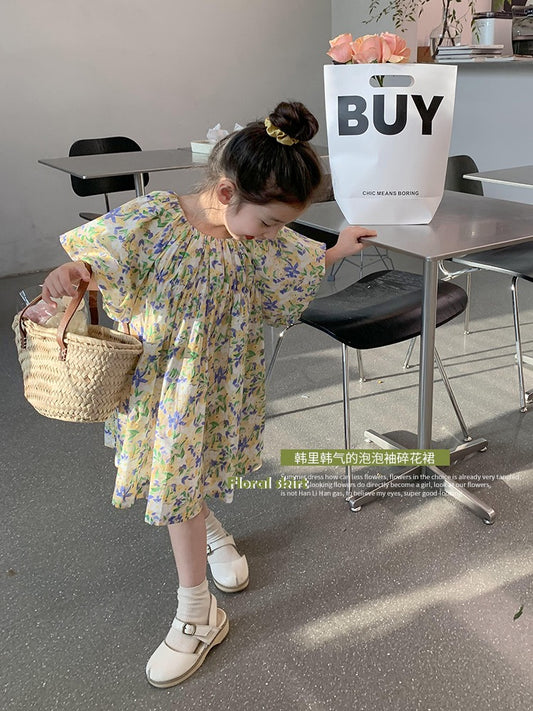 Girls floral dress summer dress 2023 new foreign style lady middle and small children's short-sleeved skirt children's princess dress summer