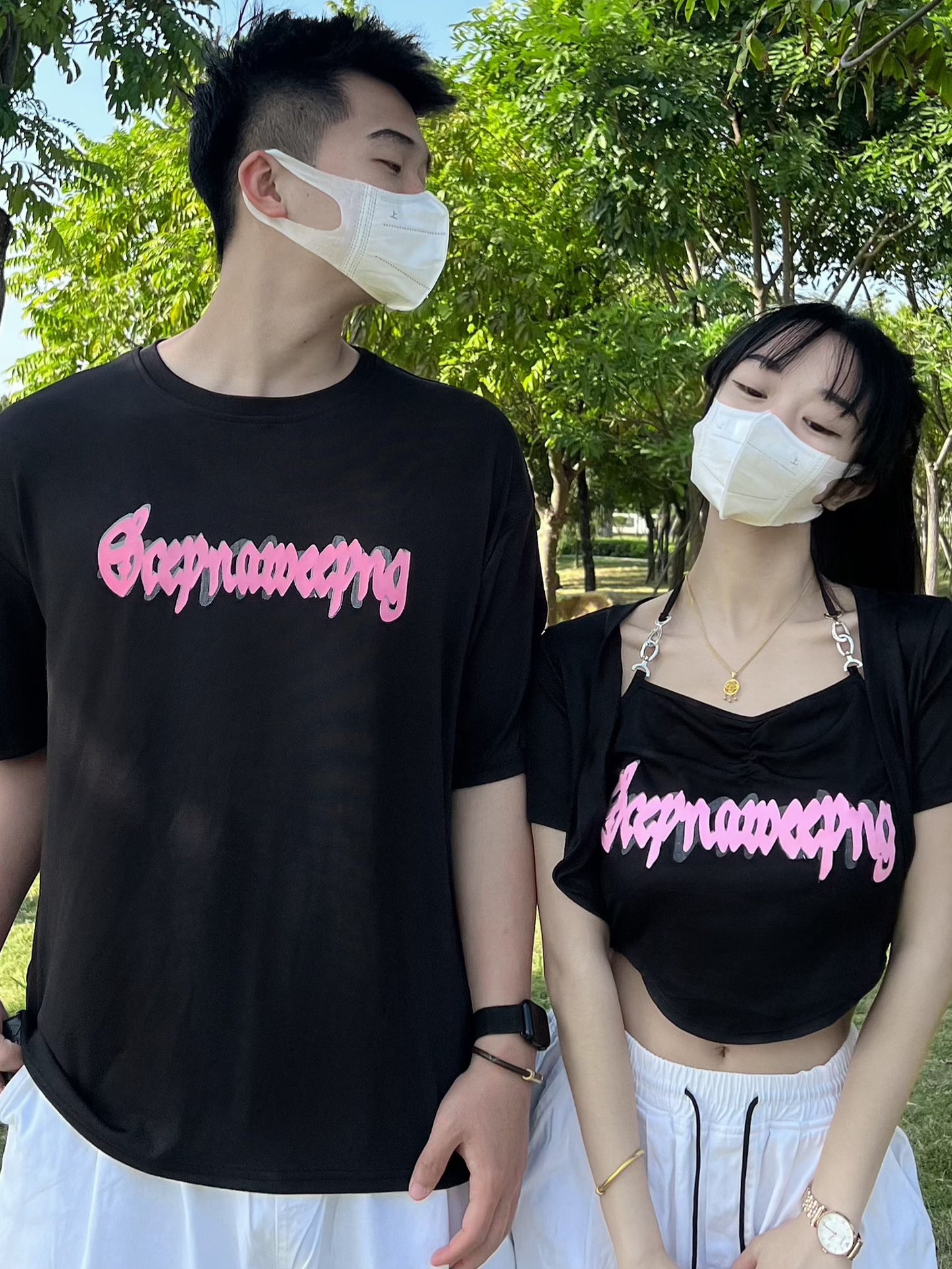 Couple outfit design sense niche pure desire wind suspender short sleeve Korean version one long and one short ins super hot top printing tide