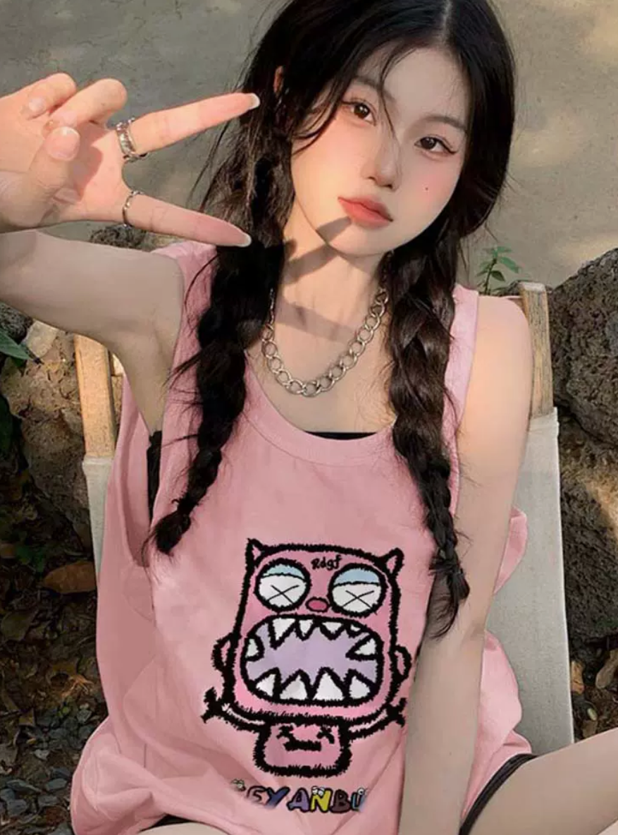 French chic pink small vest female summer outerwear vest sleeveless t-shirt small music festival wear jacket