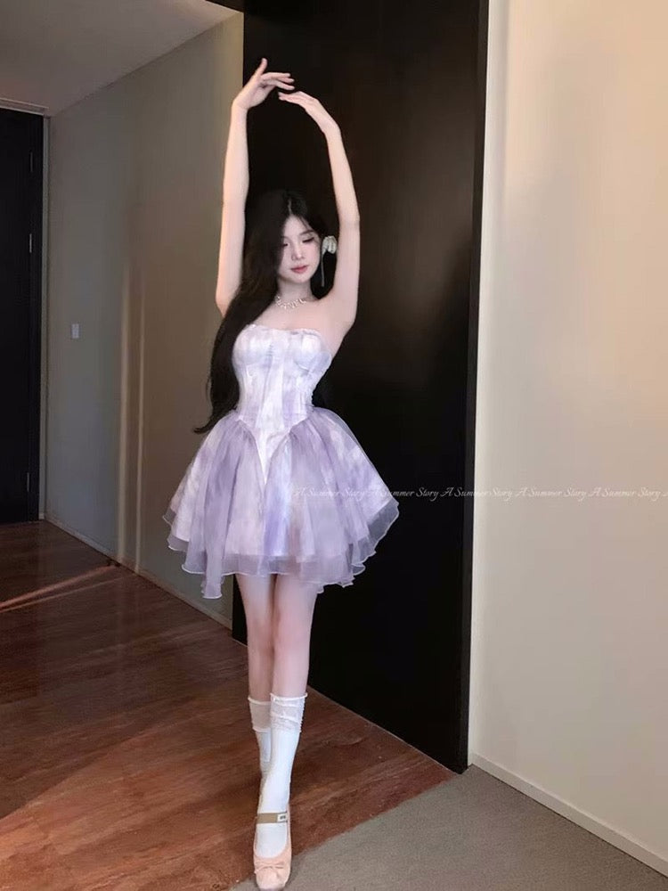 Sweet babes tie-dye tube top dress fairy summer mesh skirt sexy one-shoulder cake tutu skirt skirt