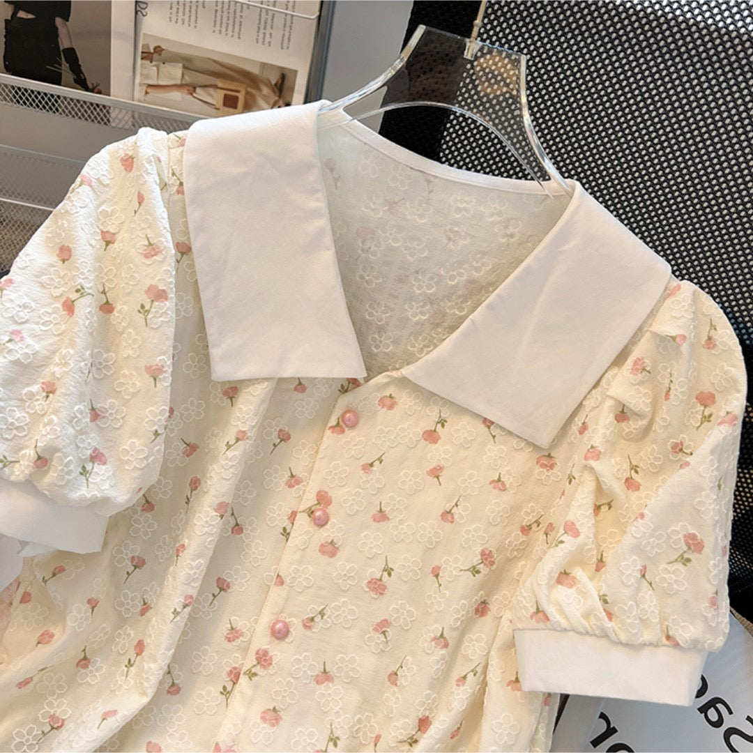 The counter withdraws the international famous brand cut tail single design floral short-sleeved shirt women's summer dress French short top
