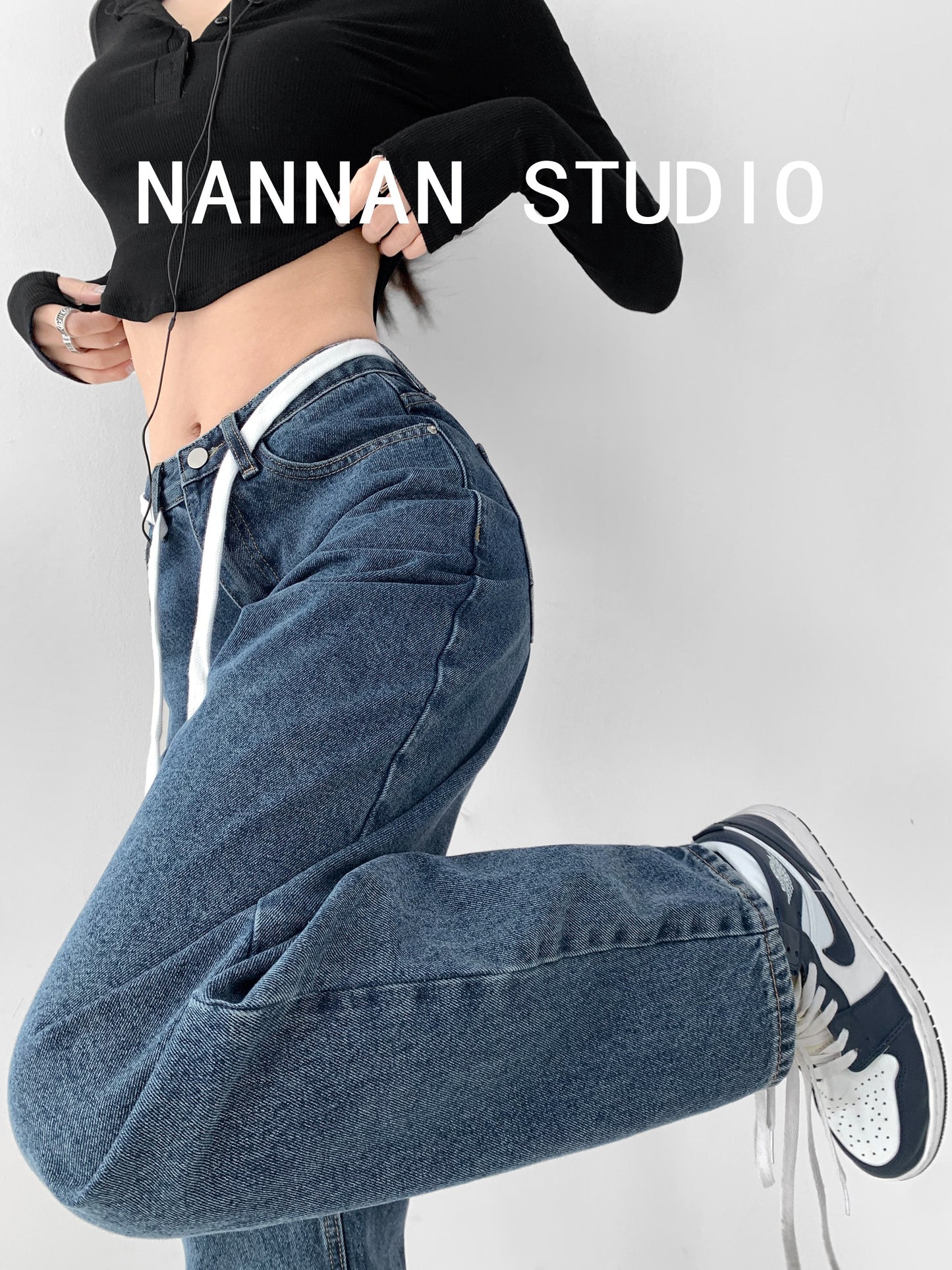 American-style printed letters drape wide-leg jeans women's retro loose slim strap high waist straight mopping pants trendy