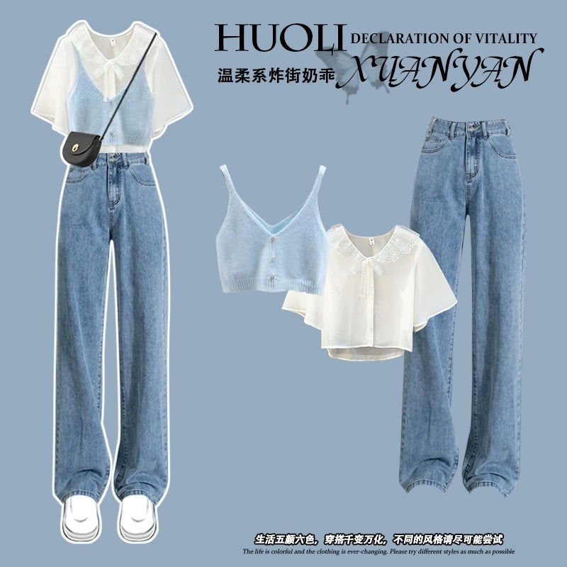 Small short-sleeved suit women's summer 2023 new style thin and meat-covering design sense niche Korean drama wear three-piece suit