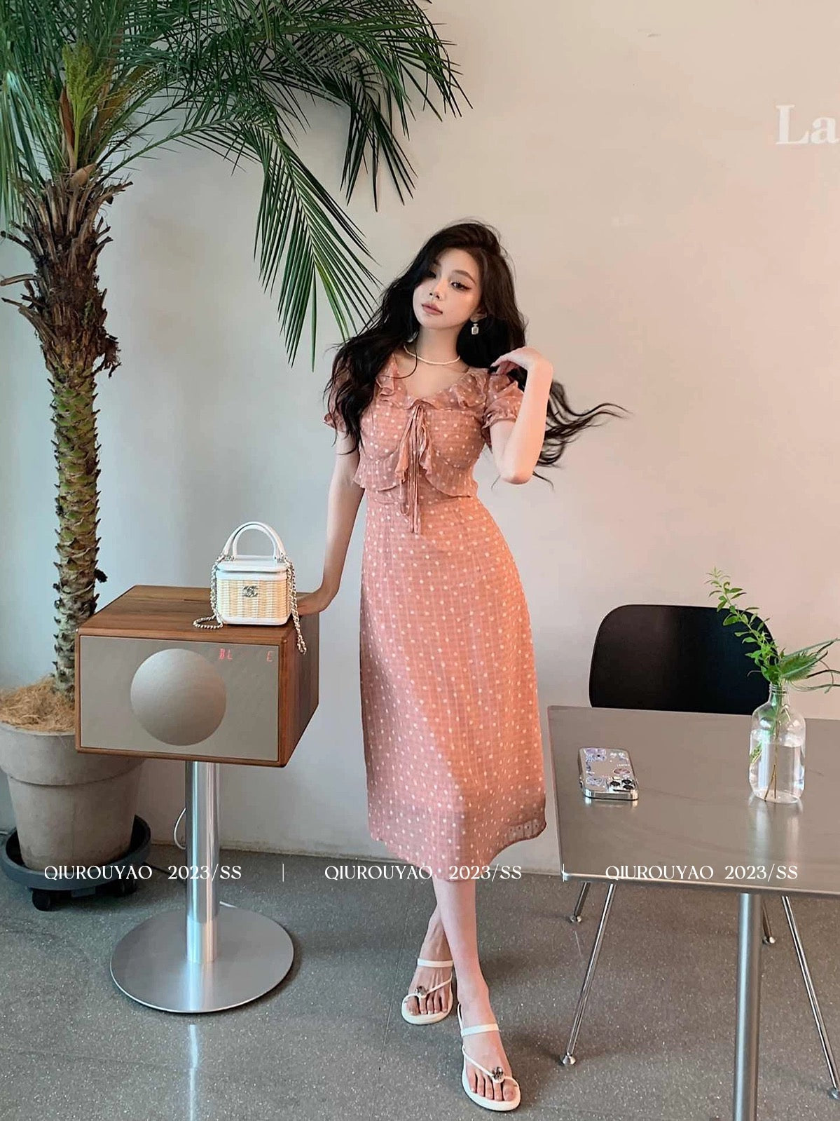 Qiu Rouyao's new polka-dot waist slimming puff sleeves short-sleeved wooden ears high-quality chiffon dress for women summer