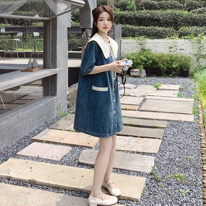 French retro denim doll collar dress female summer 2023 new can be salty and sweet small girl skirt