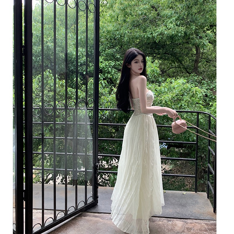 Dress women's small fragrance style woven sequin design sense tube top summer new pure desire temperament waist chiffon long skirt