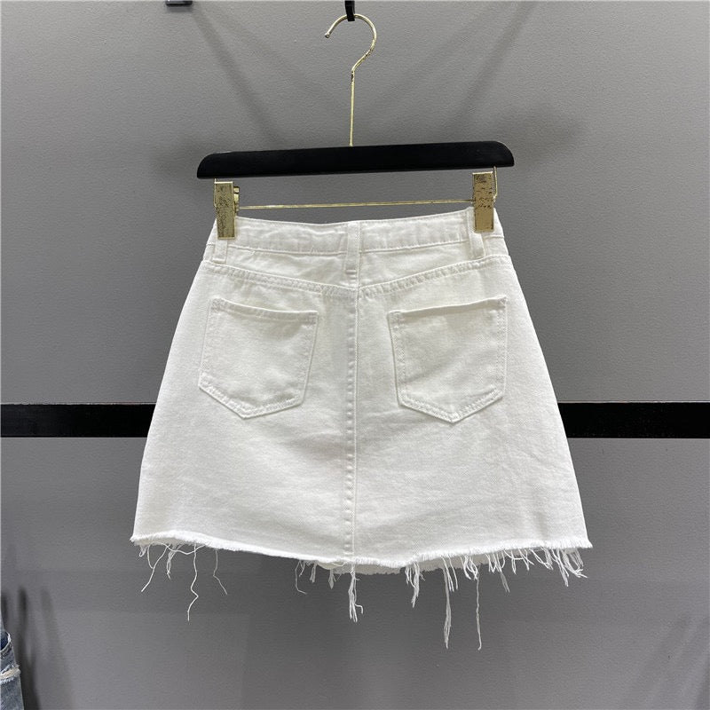 White Graffiti Printed Denim Skirt Female 2023 Summer High Waist Slim A-line Ripped Hole Raw Edge Package Hip Skirt