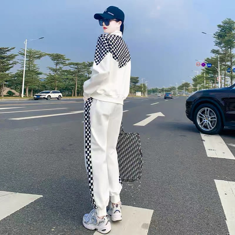 White casual fashion sportswear suit women's autumn loose western style high-quality checkerboard plus velvet sweater two-piece set 1663