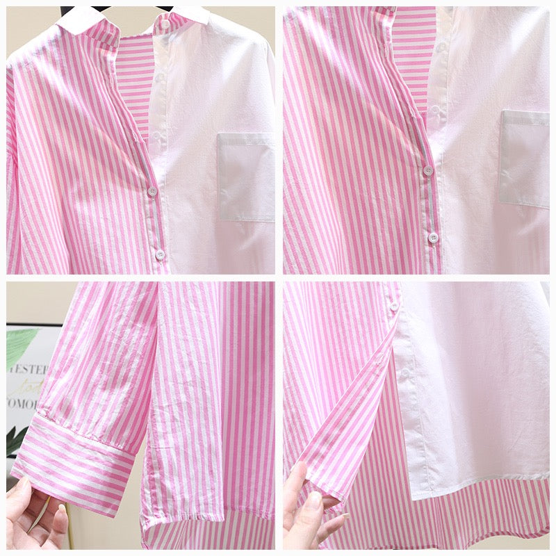 Stitching pink striped shirt women 2023 spring new Korean style design sense niche shirt sunscreen shirt thin coat