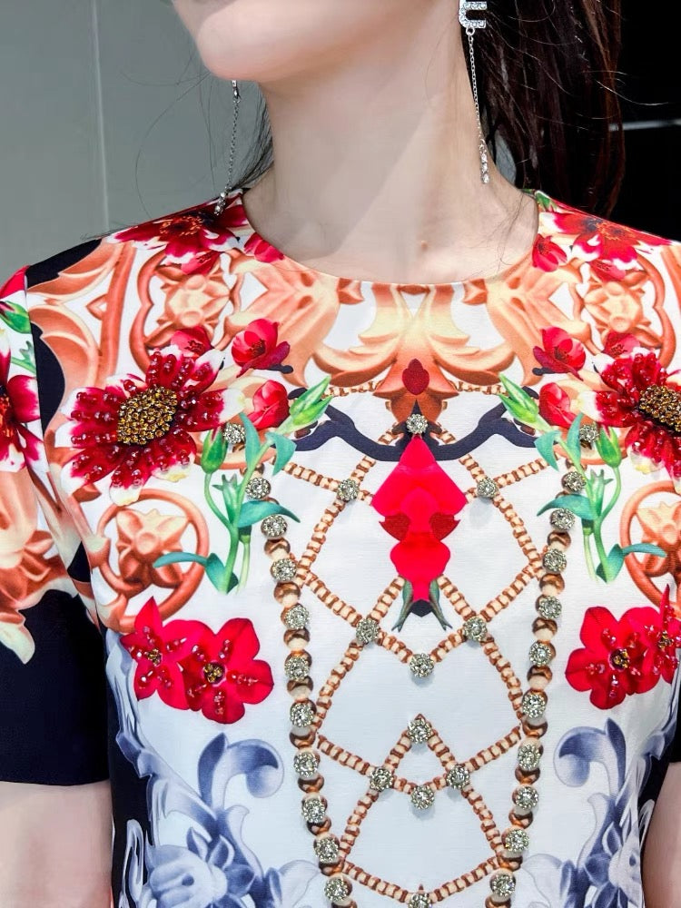 Celebrity light luxury high-end design skirt 2022 women's summer French print small heavy-duty diamond-studded dress 1422