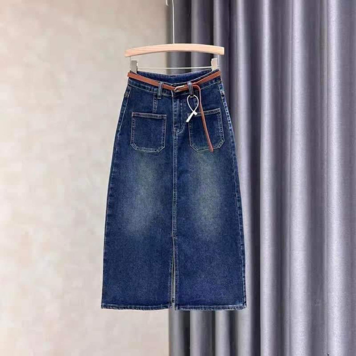Dark washed denim skirt women's autumn new solid color all-match front slit high waist a-line bag hip long skirt