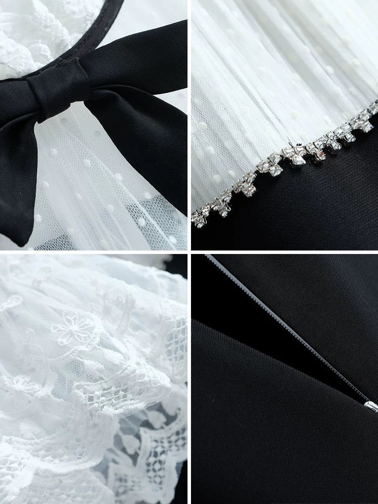miuco contrast color stitching lace trumpet cuff nail drill high waist umbrella fake two-piece dress female 2022 Xia Xin