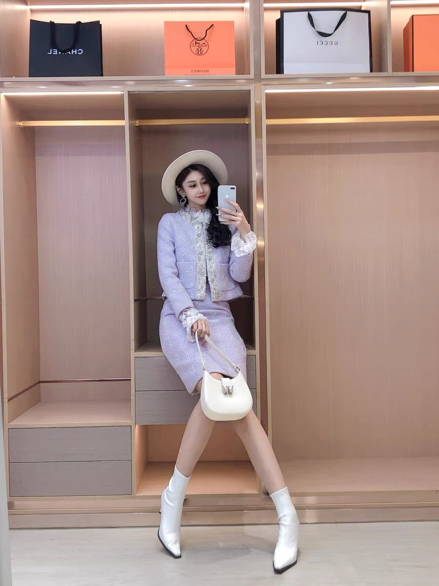 Celebrity temperament rhinestone flower stitching coat high waist slim skirt fashion two-piece autumn new women's clothing