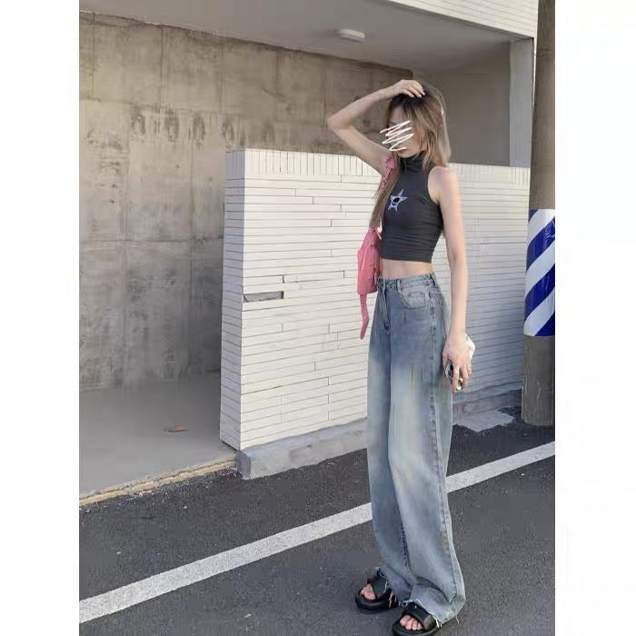kumikumi retro old jeans loose wide leg pants summer high waist straight pants mopping pants long pants women 2928