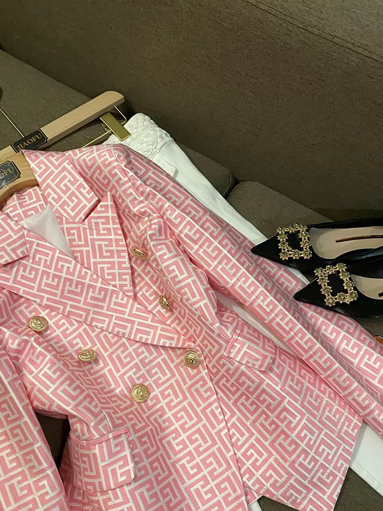 2022 new European and American star fashion double breasted pink geometric figure jacquard slim suit jacket