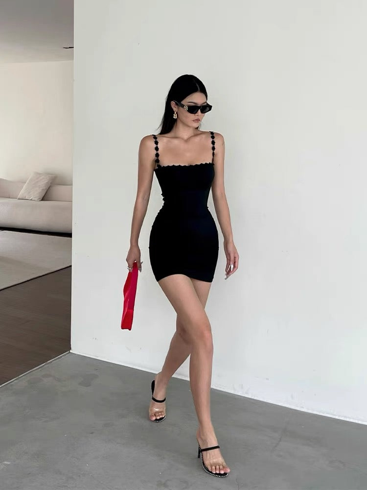Well also black one word neck suspender dress female summer waist hot girl high-quality slim sexy package hip skirt