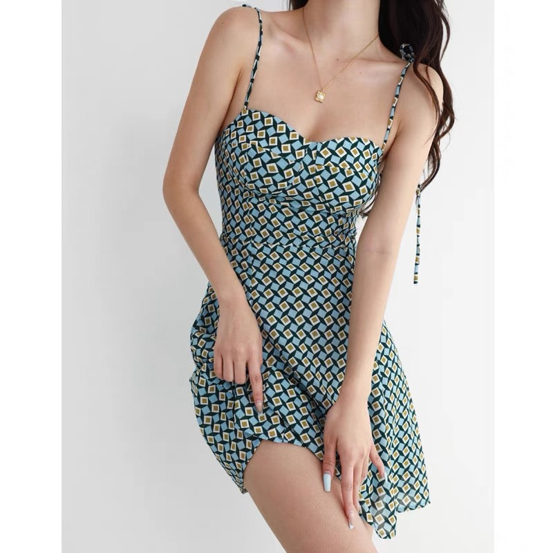 French sexy rhombus print strappy skirt women's retro V-neck waist slim holiday dress short skirt