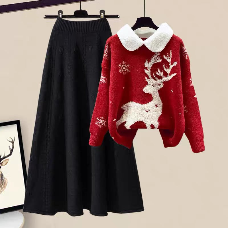 Winter thin elk red sweater skirt casual winter suit 2021 new women's autumn and winter two-piece suit 1876