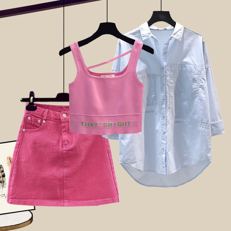 Summer new sweet and spicy small suit female hot girl wearing pink vest shirt skirt net red fried street three-piece suit