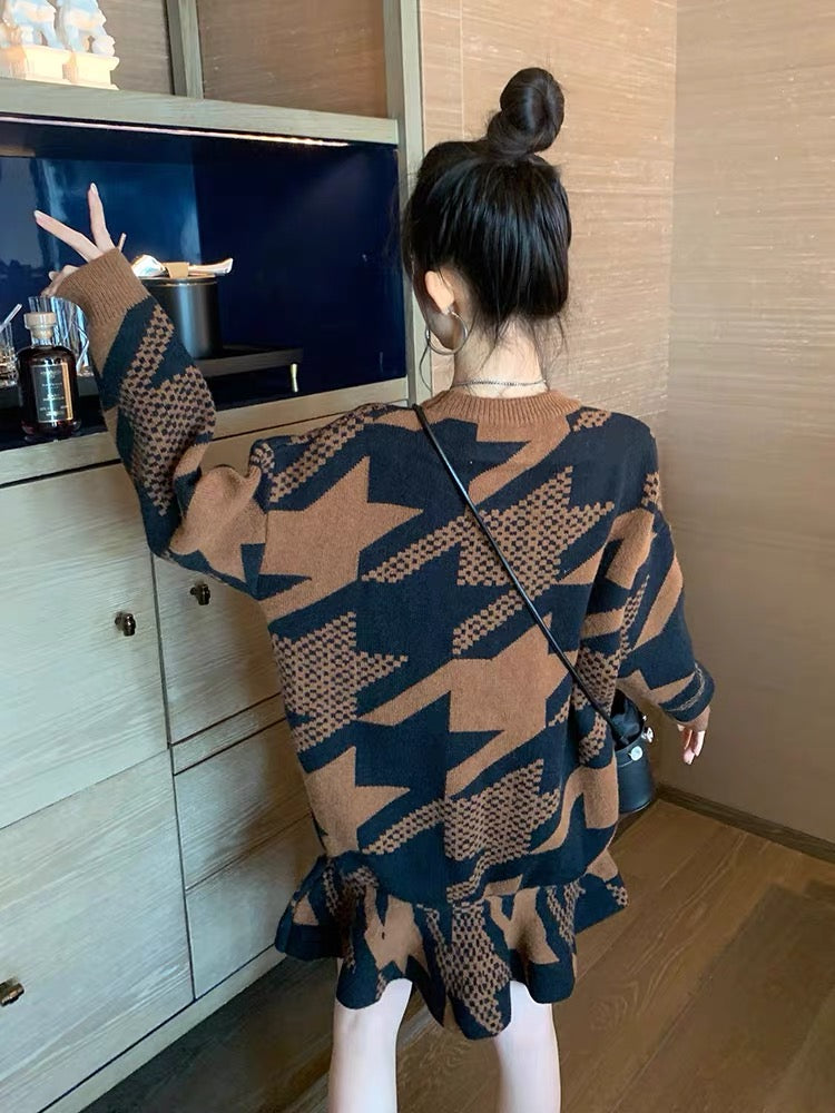 American style this year's hot sweater dress loose pullover knitted sweater women's autumn and winter with coat mid-length fishtail skirt