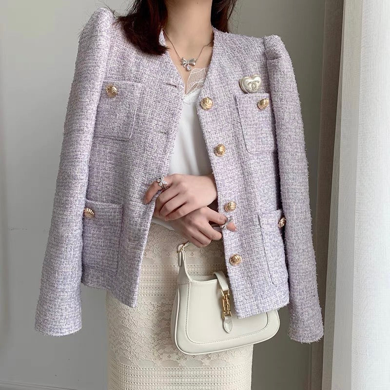 CHICROOM puff sleeves small fragrance jacket women's spring design niche high-end purple short women's top