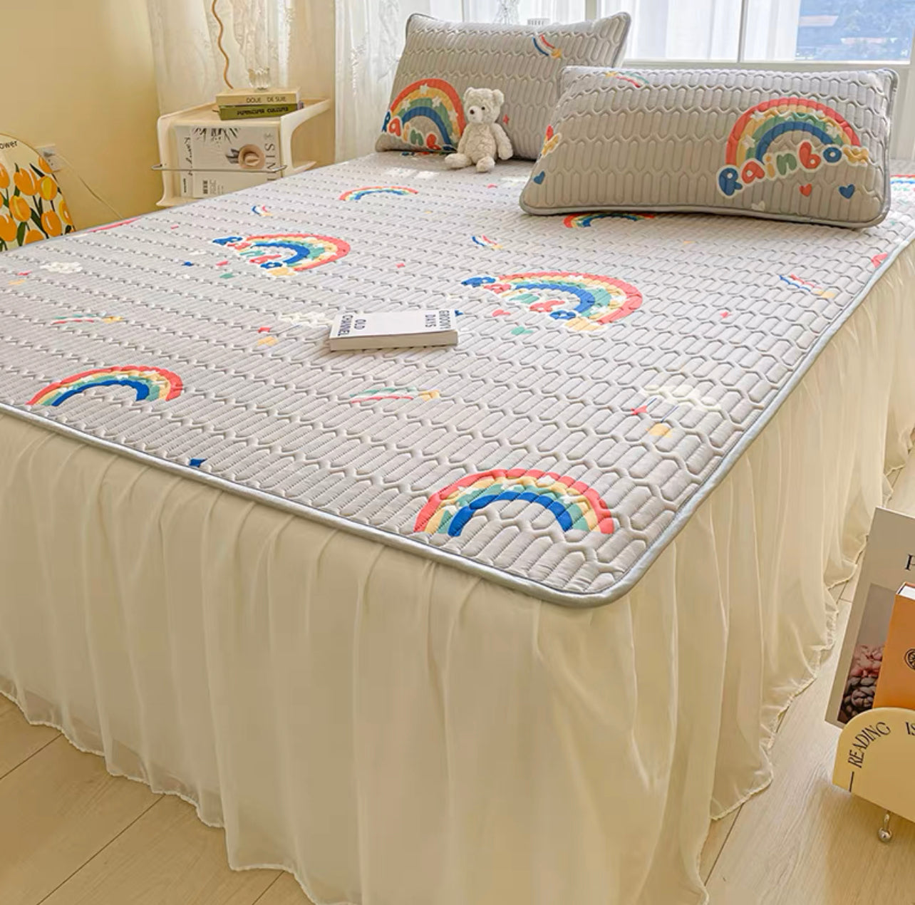 Princess style bed skirt style latex mat three-piece set cool feeling ice silk air-conditioning mat summer washable folding bed cover