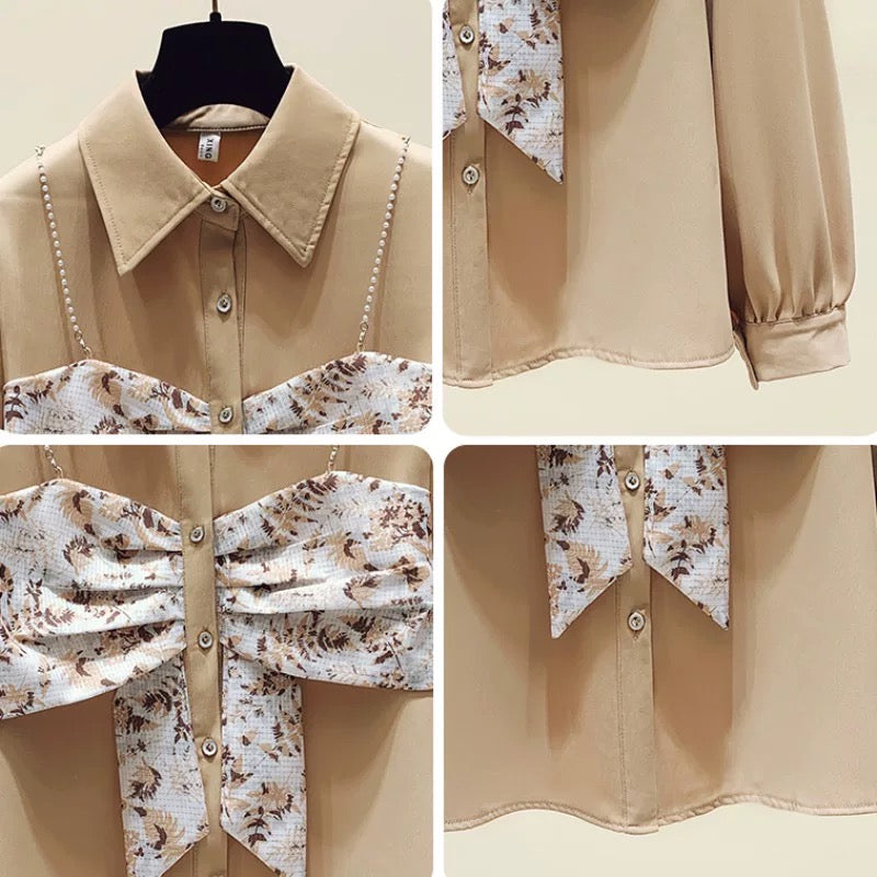 Women's clothing cutting label counters withdrawn foreign trade spring and autumn suspenders floral fake two-piece long-sleeved shirts top women