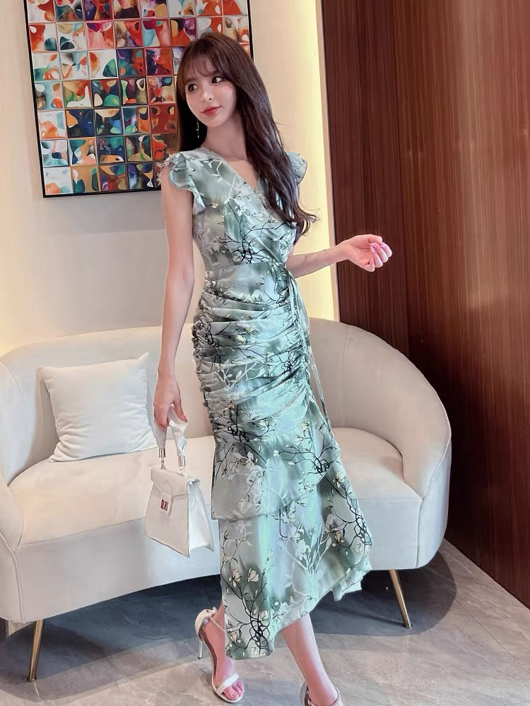 (Pre-Order) Retro improved cheongsam green dress female summer 2022 new chiffon floral waist slim fishtail dress