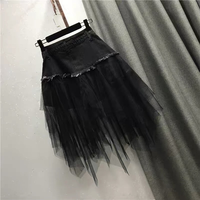 W112 Korean version 2022 autumn new Korean version mesh stitching high waist A-line skirt ins super hot mid-length denim skirt