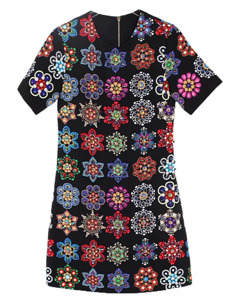 Celebrity temperament heavy industry beaded diamond round neck slim slim dress female 2022 summer new small skirt 1428