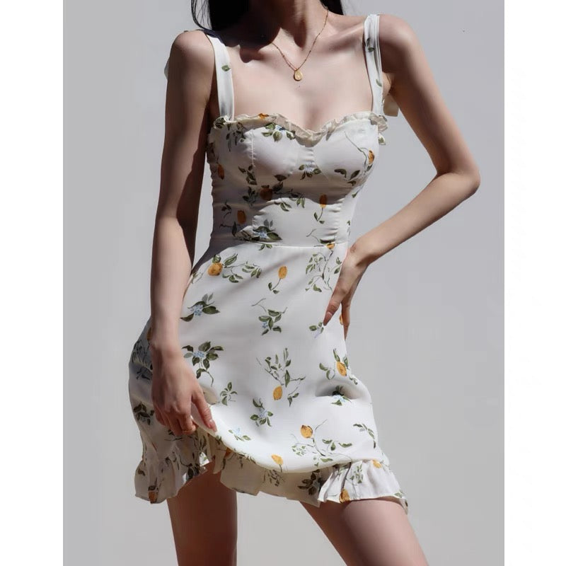 French fresh girl summer lemon slimming slim holiday dress retro strappy waist skirt dress