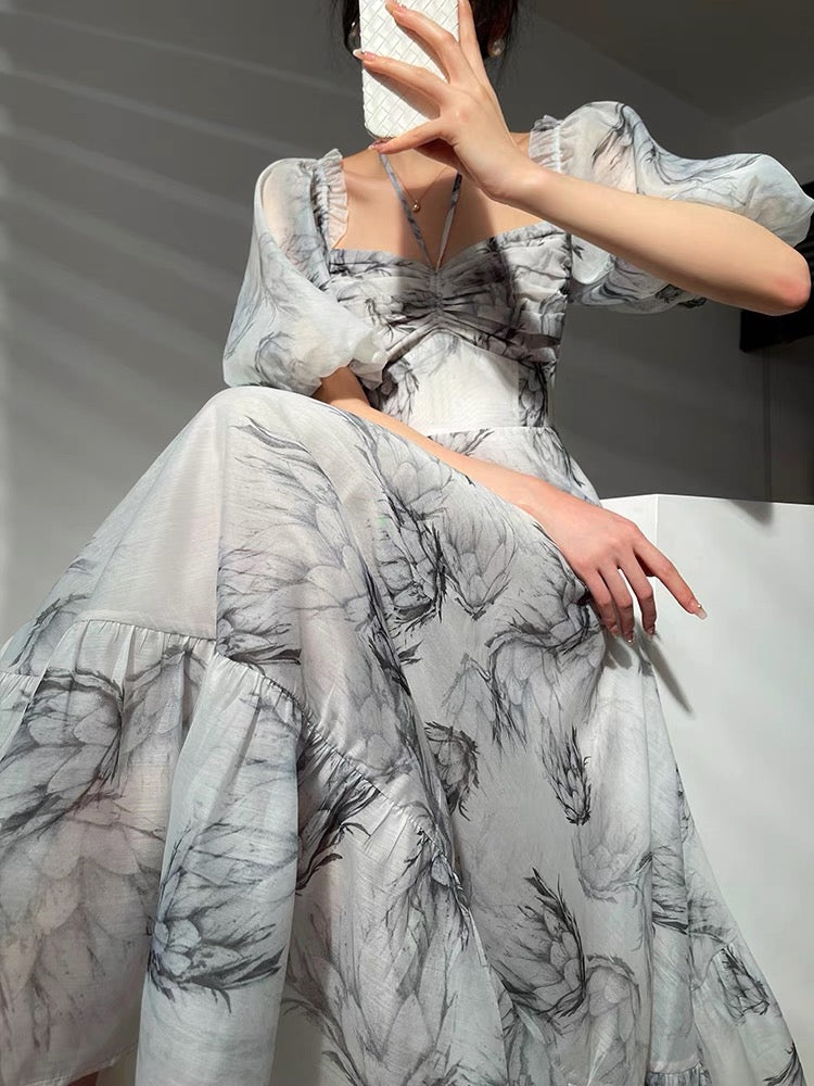 Aconiconi| Shuiyun frost flower high-end niche design French ink print waist long dress