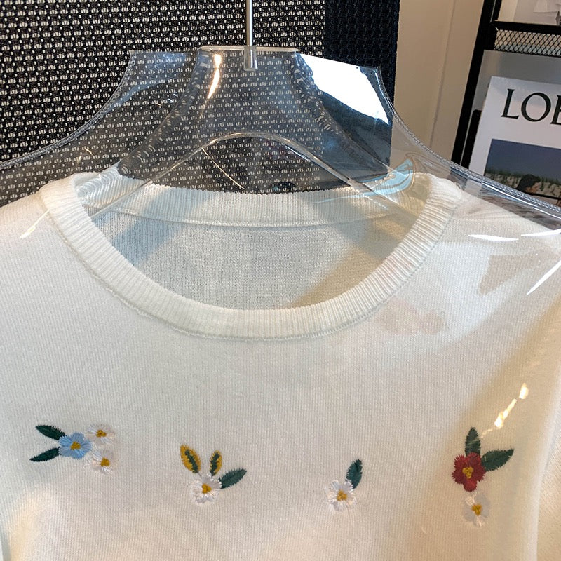 The counter shopping mall withdraws the international big-name cut-off single-tailed single-tailed women's embroidery short-sleeved t-shirt ice silk knitted top