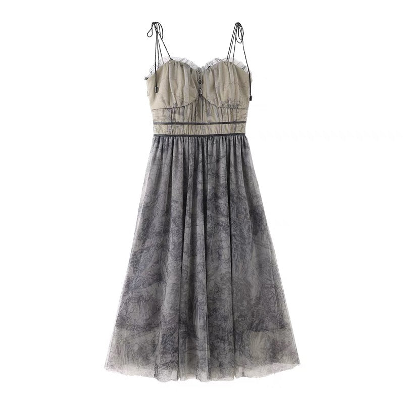 JZ Craftsman Dress Summer Women's Clothing Design Small Black Dress French Fairy Sweet Sling A-Line Long Skirt 1328
