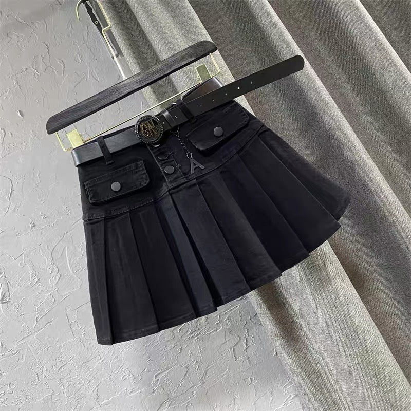 2022 autumn new Korean version all-match high-waisted single-breasted pleated A-line short skirt black denim skirt women Q136
