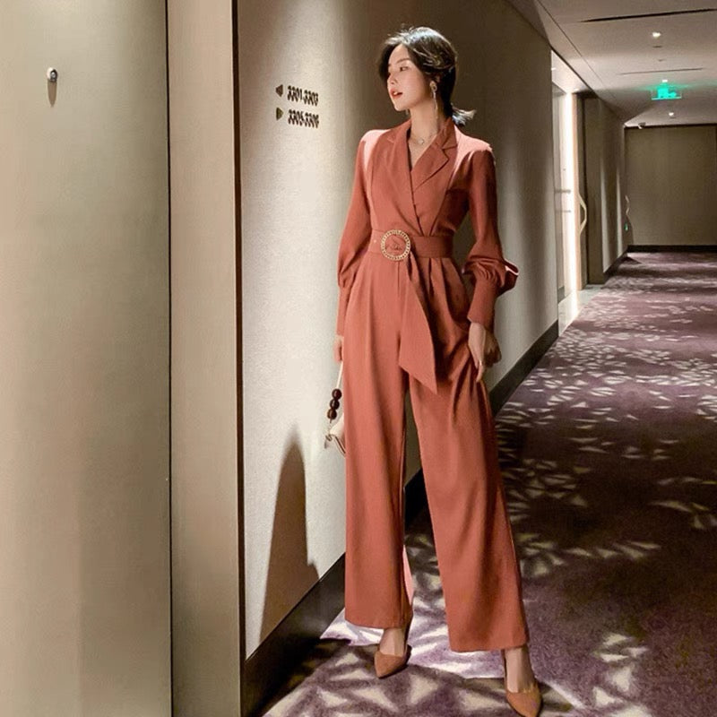 European station brick red jumpsuit female 2022 new autumn high waist was thin long sleeve fashion wide leg temperament jumpsuit