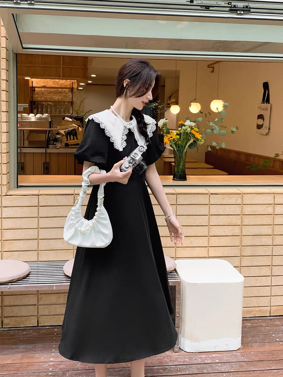 GUOGUOWOMEN Guoguo's French temperament lace edge doll collar dress female retro solid color long skirt 12