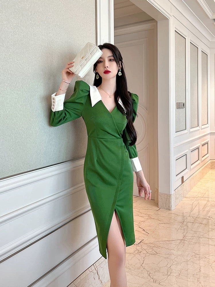 European station 2022 new polo dress autumn puff sleeves retro palace style waist French temperament skirt 1536