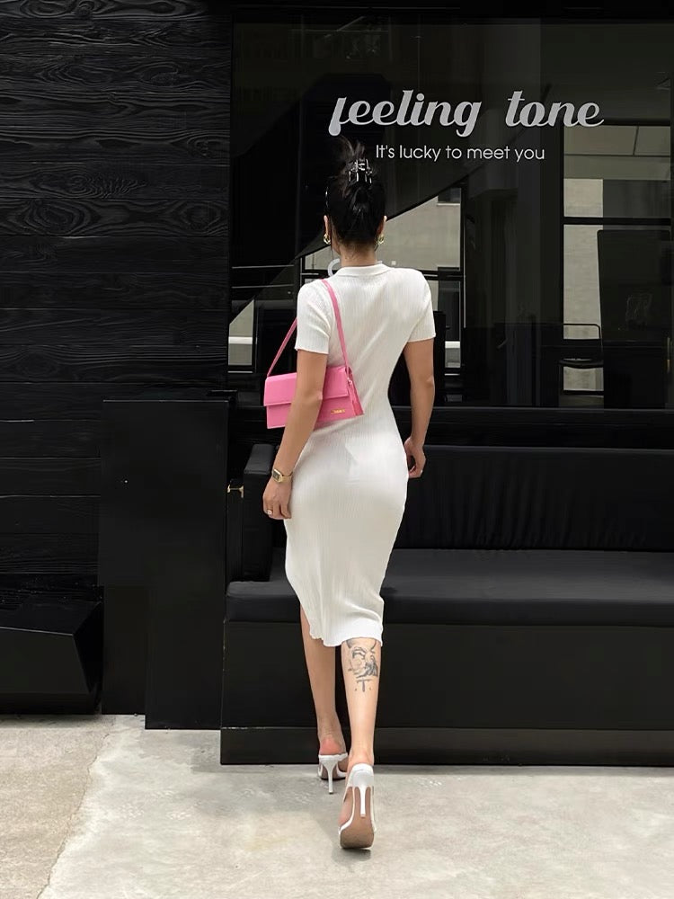 Hole-cut Short Sleeve Lapel Shirt Dress