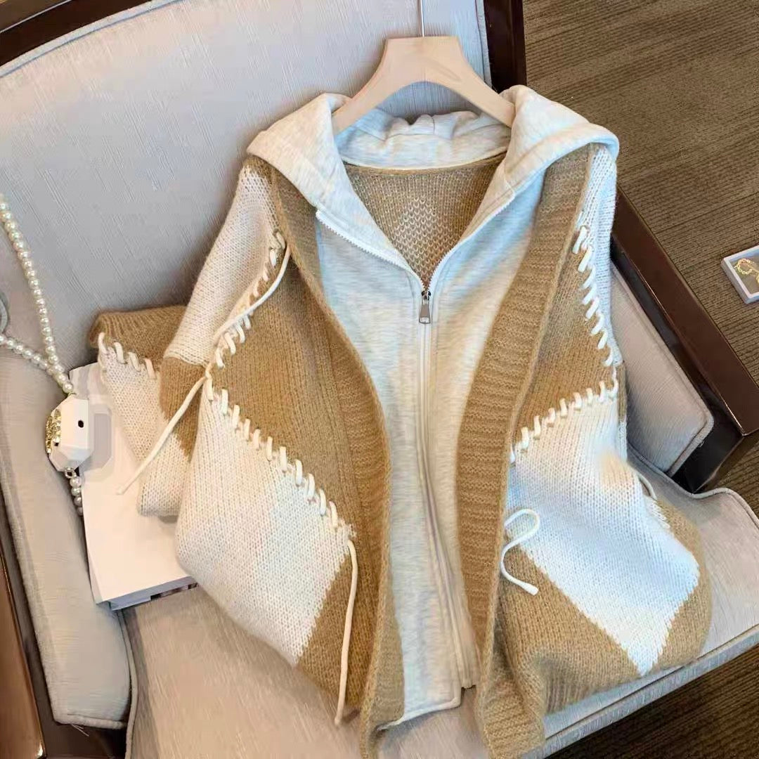 Minority design sweater cardigan stitching hooded sweater coat women's 2022 spring new lazy style Korean version of the tide