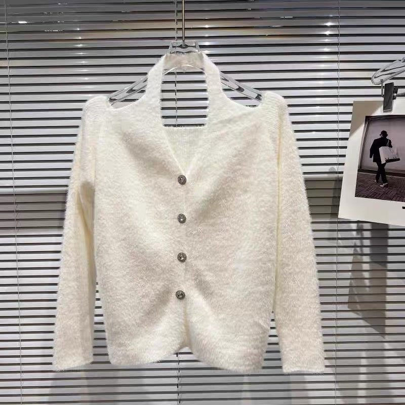 Net red same style 2022 autumn new temperament ladies rhinestone buckle hanging neck imitation mink fleece leaking shoulder sweater sweater