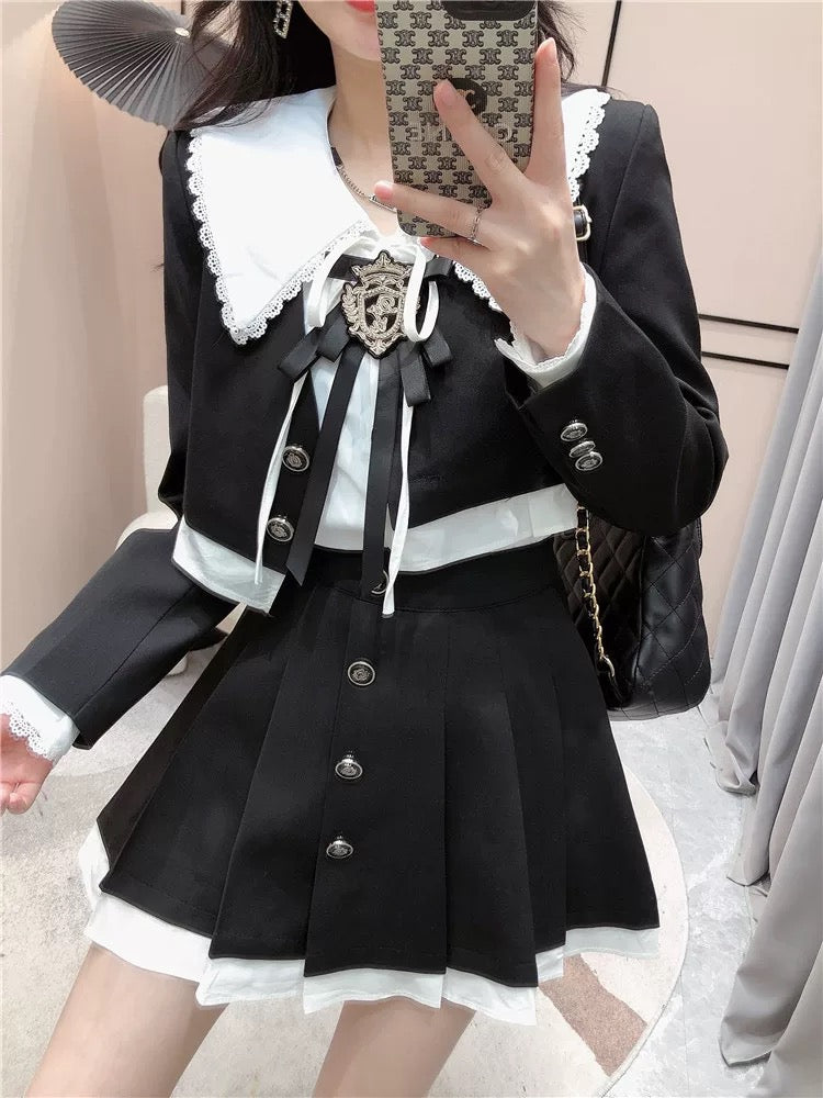 Net red with the same style college style jk suit three-piece female lace edge French shirt high waist A-line pleated skirt
