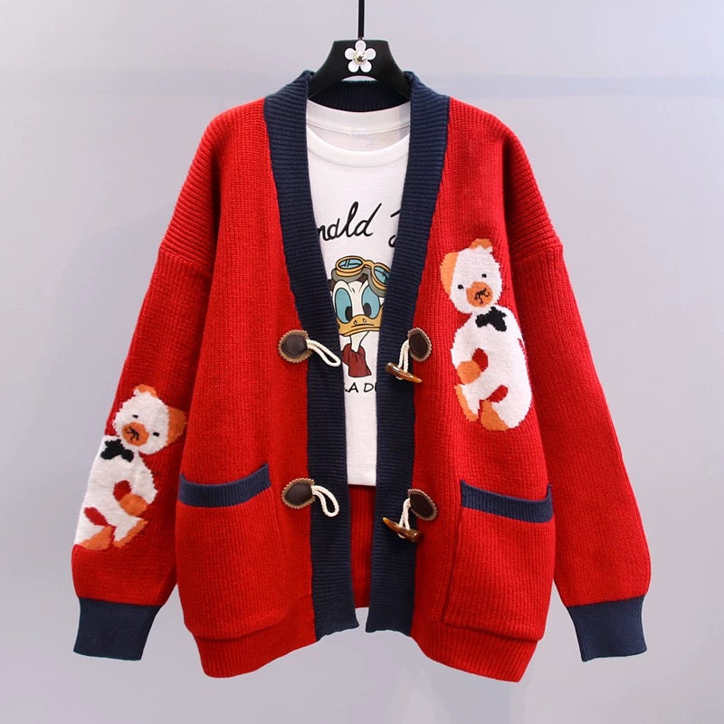 Cartoon bear V-neck sweater jacket women's autumn and winter 2022 new loose and lazy wind horn button knitted cardigan