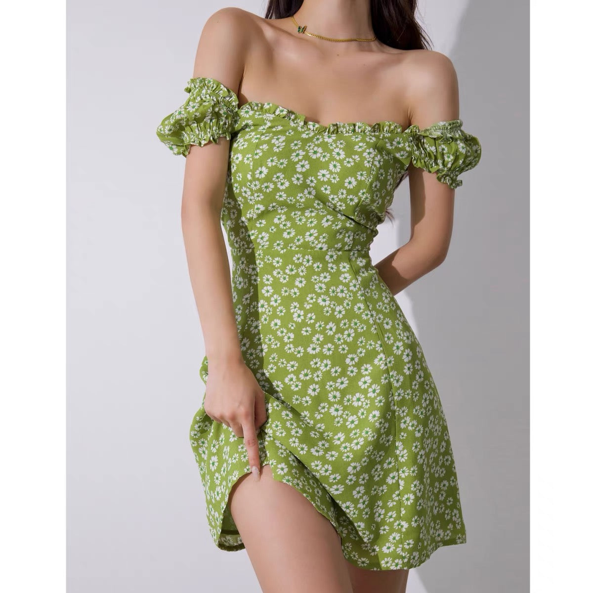 French fresh girl elastic one word shoulder waist slim dress female summer green pastoral floral A-line skirt