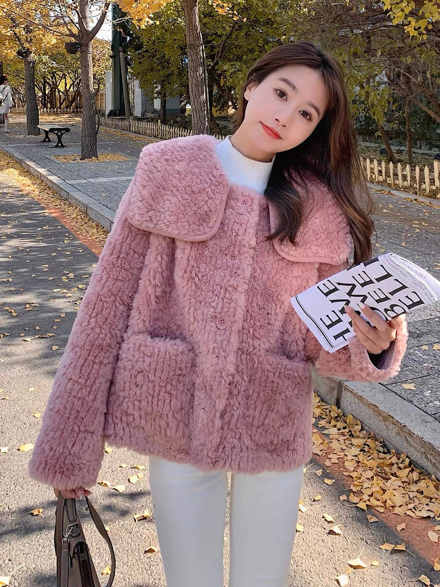 Pink lamb wool coat women's autumn and winter 2022 new Korean style small man high-end temperament fur coat