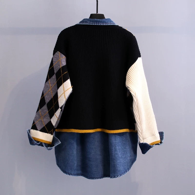 Knitted stitching fake two-piece denim jacket women's fried street Hong Kong style bf style mid-length 2022 new spring and autumn cardigan tide