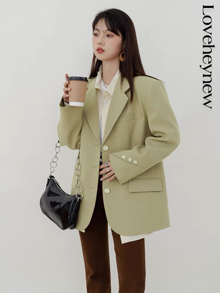 French temperament suit jacket women's retro Korean style oblique button loose all-match long-sleeved suit 1402