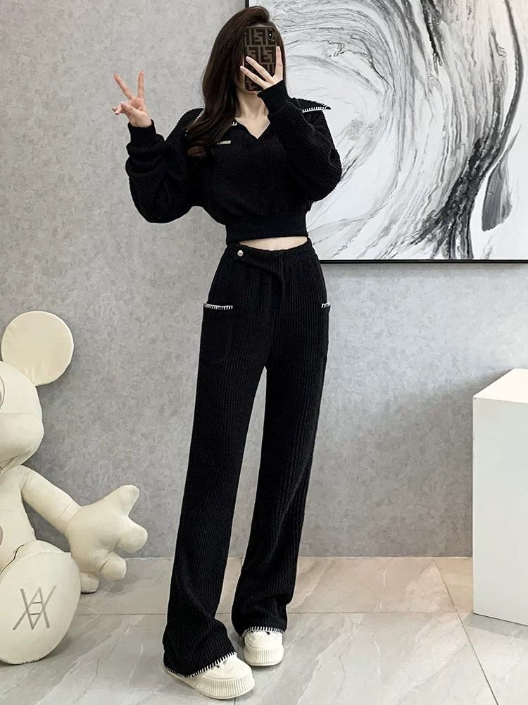 High-quality wide-leg pants casual suit women's early autumn 2022 new thin long-sleeved sweater sports fried street two-piece set